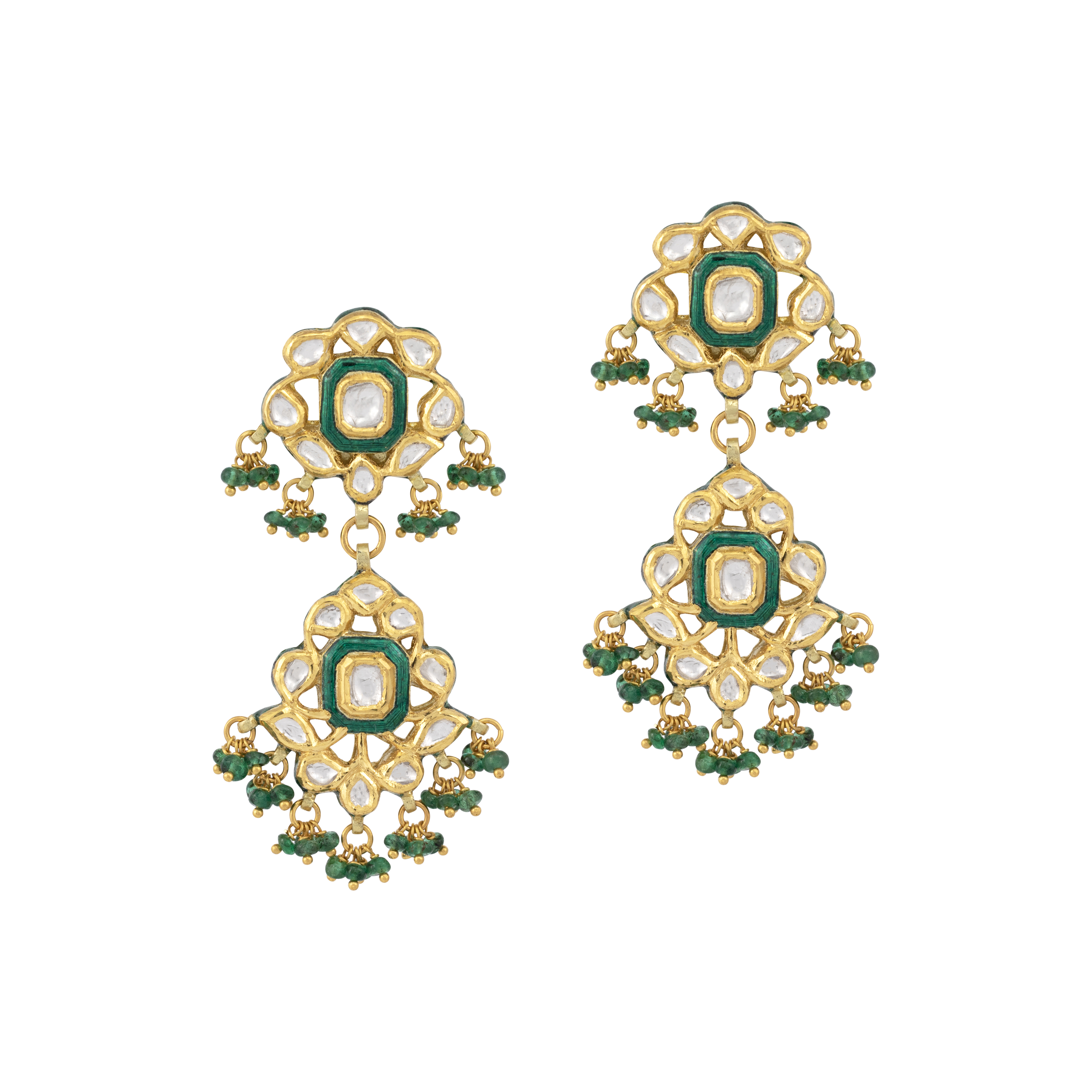 Double-Tier Polki Earrings with Green Meenakari